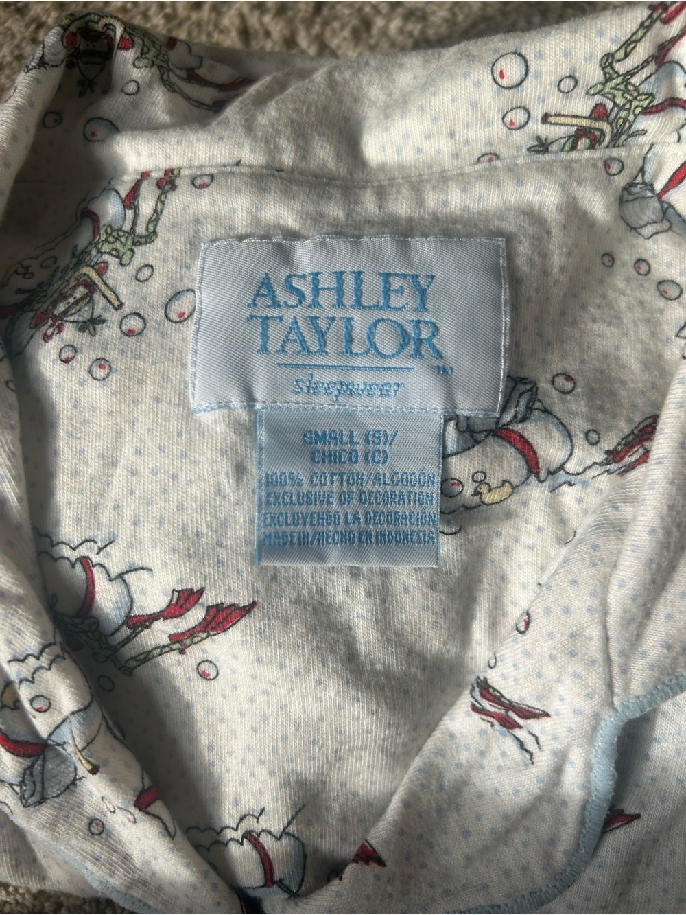 Ashley Taylor Light Blue Cotton Sleep Top with Red & Green Snowman Print